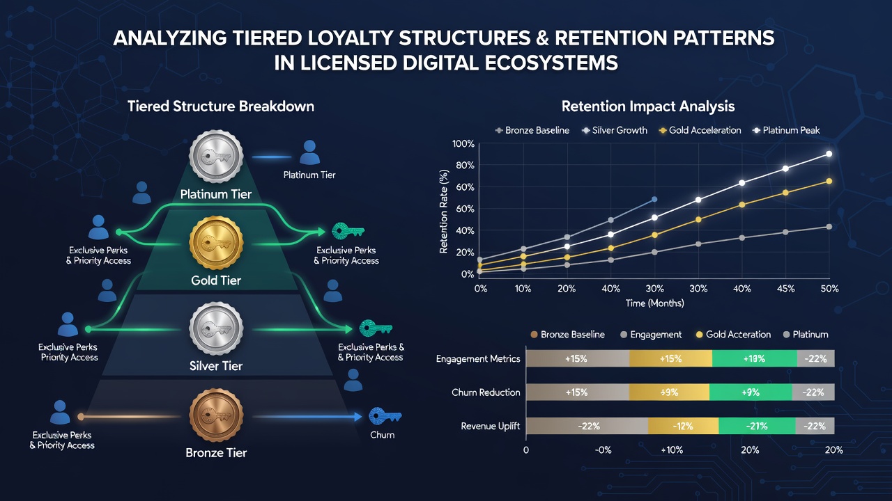 Data charts illustrating retention rates by loyalty tier levels over twelve-month periods in licensed wagering operations