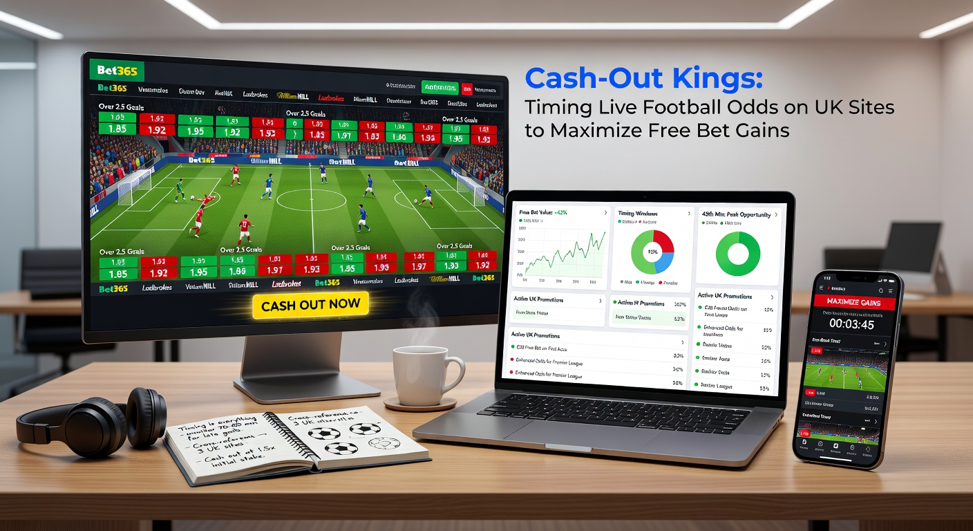 Close-up of a laptop screen displaying multiple UK bookmaker tabs open to live Premier League odds, with cash-out buttons highlighted and profit projections visible amid a tense match moment