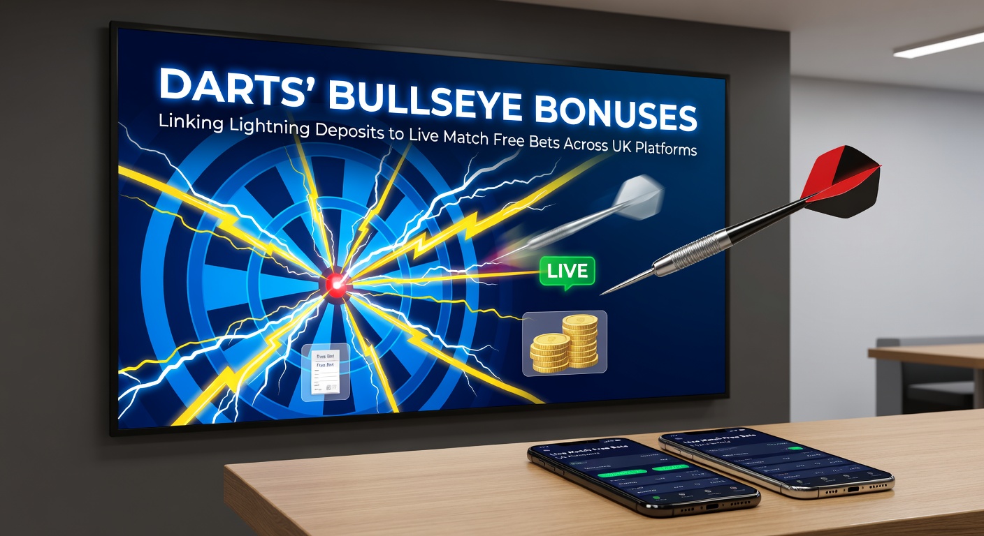 Close-up of a vibrant darts board with bullseye illuminated, surrounded by betting app screens showing live odds and deposit confirmations