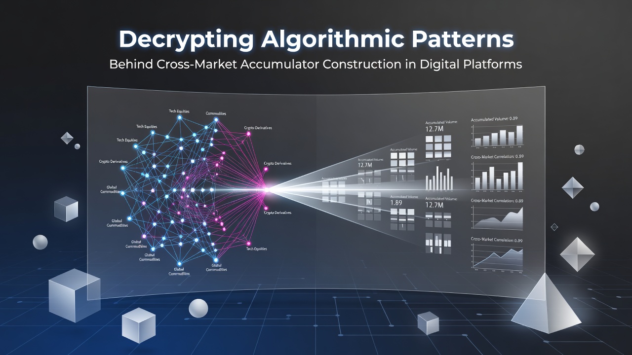 Visual representation of algorithmic data flows connecting multiple markets in accumulator construction on digital platforms