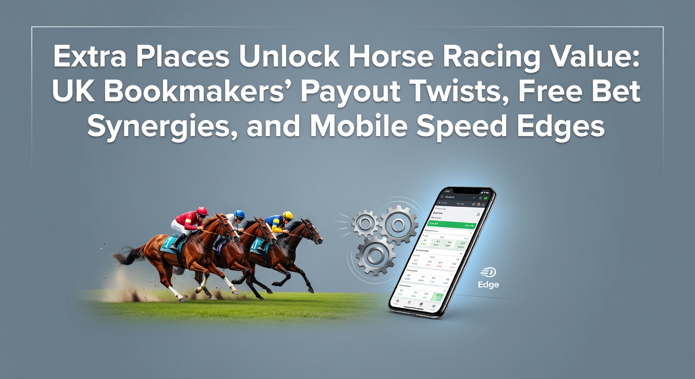 Vibrant scene of a packed horse racing track with punters checking mobile apps amid thundering hooves and jumping fences
