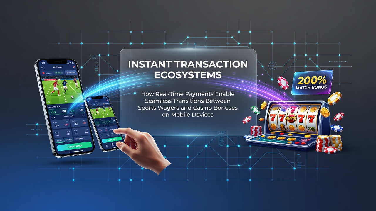 Mobile device showing real-time payment flow between sports betting and casino bonus sections in a gambling app