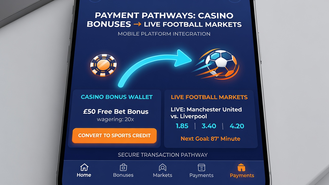 Diagram illustrating payment flow from casino bonuses to live football wagers on smartphones