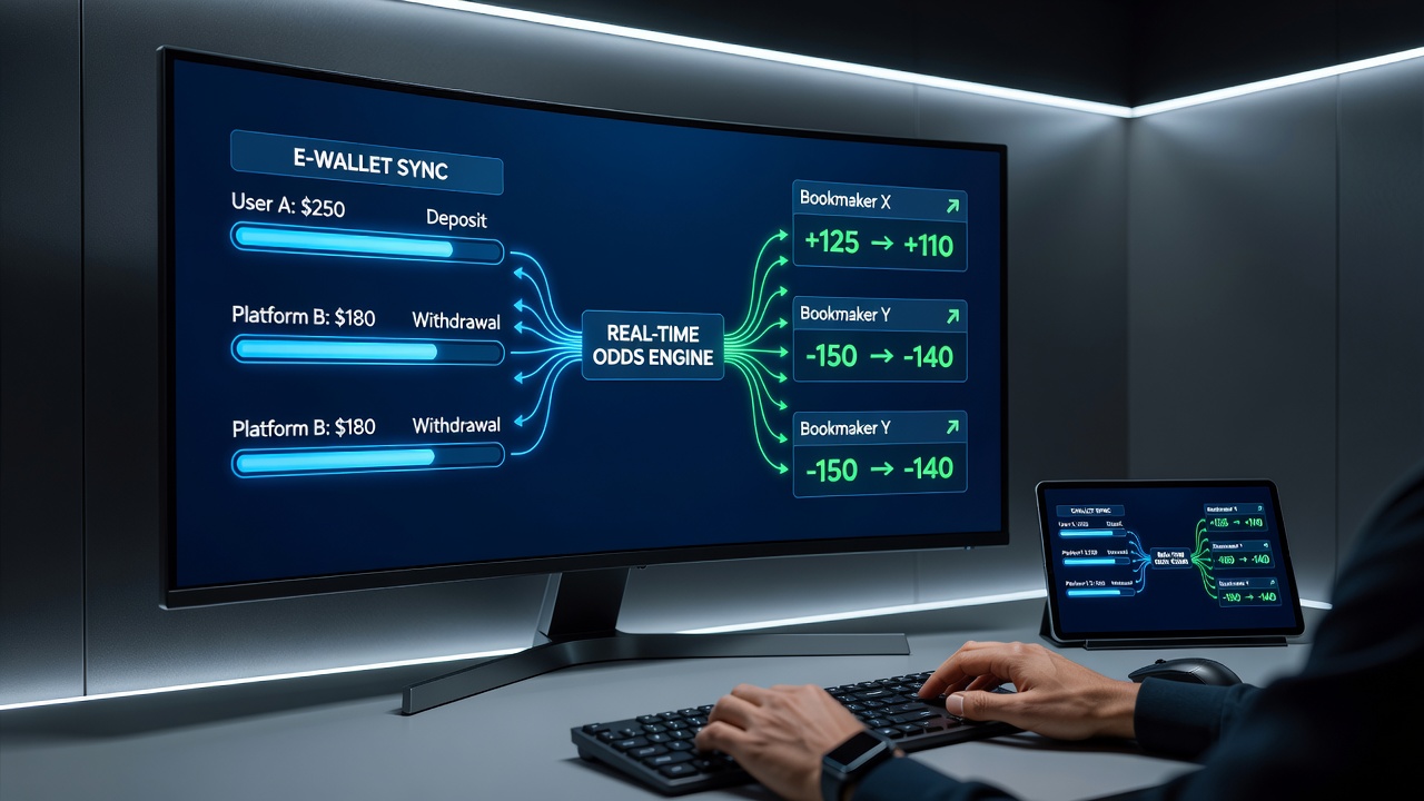 Digital interface showing e-wallet transaction syncing with live odds updates across bookmaker platforms